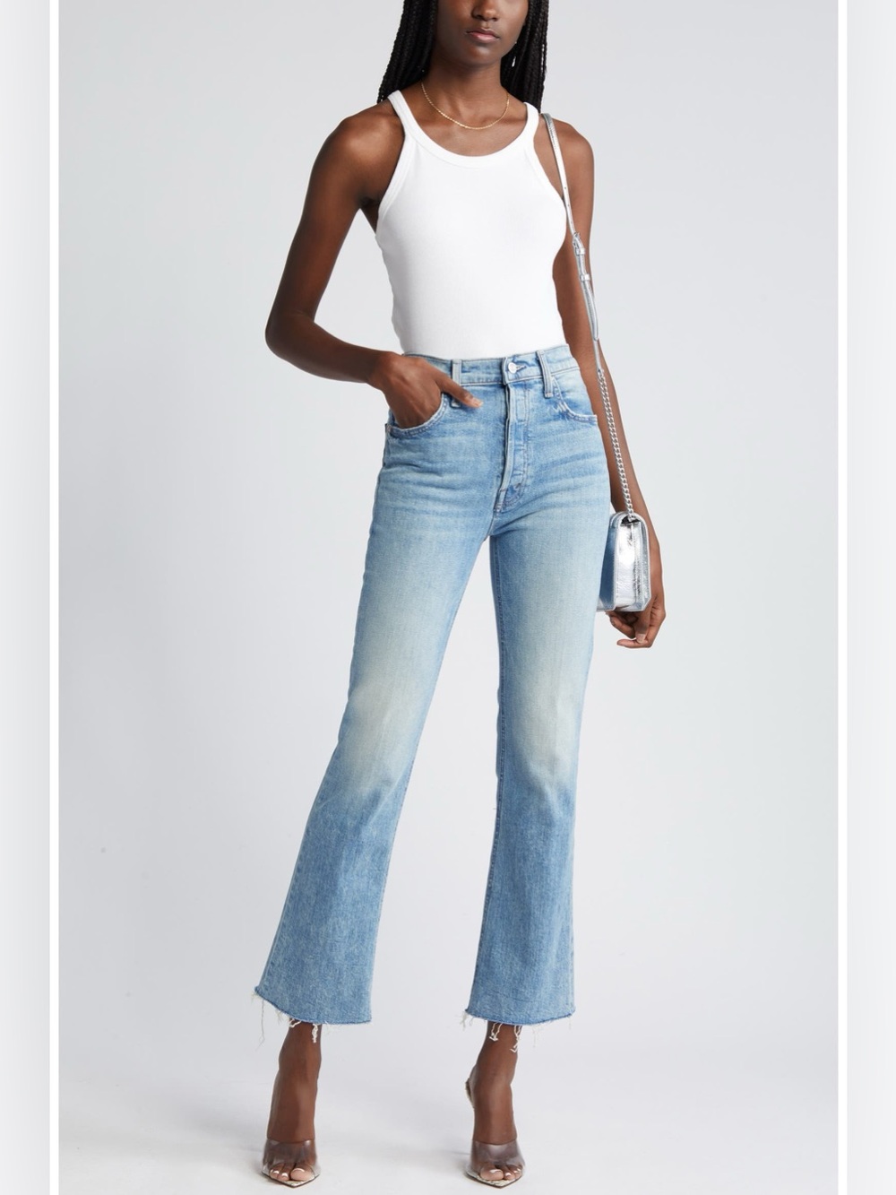 MOTHER The Tripper Flood Fray Jeans Size 26 Light Blue High Rise Cropped Flare R